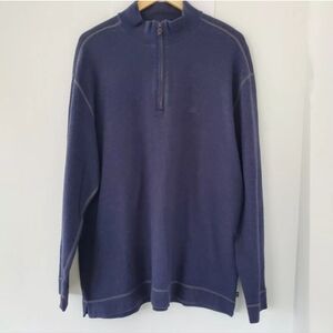 TOMMY BAHAMA Men Sz XL Navy Quarter Zip Sweater LS Pullover Logo Leather Pull A+